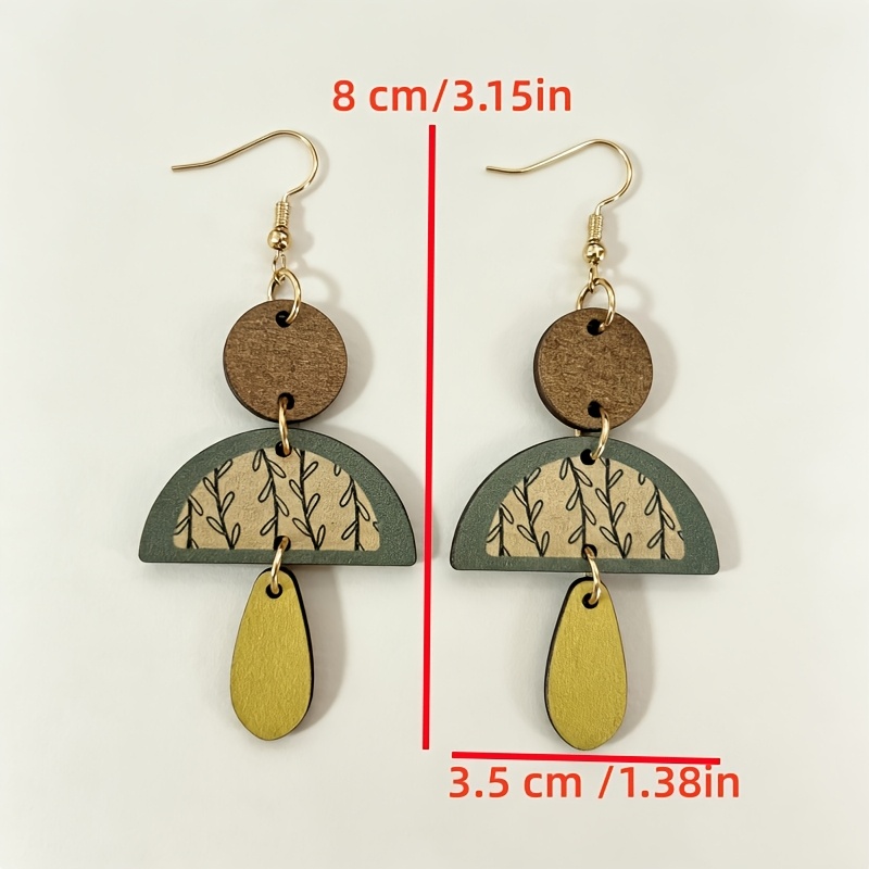 Bohemian Geometric Semicircle Printed Leaf Teardrop Earrings